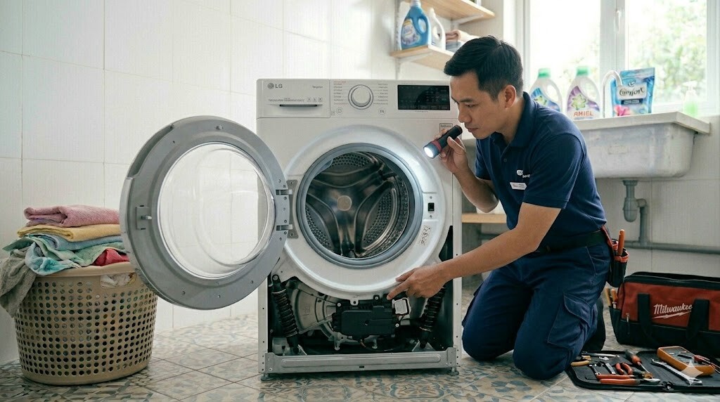 Kỹ thuật viên kiểm tra cảm biến tải và bộ phận giảm chấn máy giặt LG tại nhà