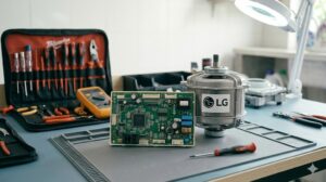 Bo mạch điều khiển và động cơ máy giặt LG chính hãng đặt trên bàn kỹ thuật