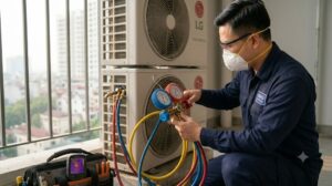 Kỹ thuật viên kiểm tra áp suất điều hoà LG để xử lý lỗi CH12 và CH21