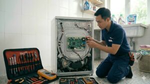Kỹ thuật viên đang lắp đặt bo mạch điều khiển mới cho máy giặt LG tại nhà