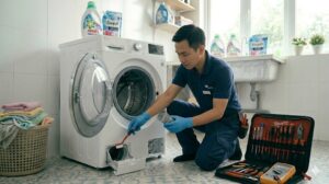 Kỹ thuật viên vệ sinh lưới lọc xơ vải máy giặt LG tại nhà khách hàng