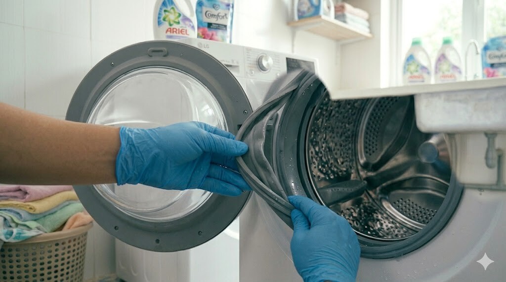 Viền cao su gioăng cửa máy giặt LG cửa ngang được kiểm tra cận cảnh