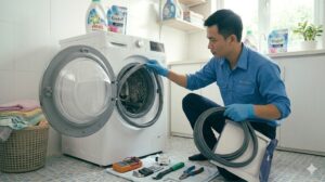 Kỹ thuật viên thay gioăng cửa cao su cho máy giặt LG cửa ngang tại nhà