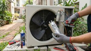 Thay tụ khởi động motor quạt dàn nóng điều hoà LG để sửa lỗi CH41 CH44