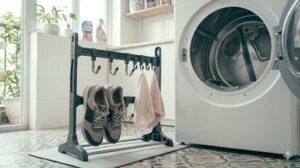 Giàn phơi phụ kiện máy sấy LG với các móc treo đặt cạnh lồng máy sấy