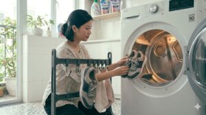 Người dùng đặt giày thể thao lên giàn phơi bên trong máy sấy LG để sấy khô