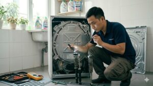 Kỹ thuật viên kiểm tra phuộc giảm xóc bên trong máy giặt LG tại nhà khách hàng
