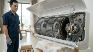 Dàn lạnh điều hoà LG đang tan băng để khắc phục lỗi A1