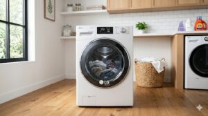 Máy giặt LG cửa ngang Inverter màu trắng đặt trong phòng giặt hiện đại sáng sủa