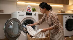 Người phụ nữ Việt Nam cho quần áo vào máy giặt LG cửa ngang trong không gian giặt sạch sẽ