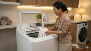 Người phụ nữ Việt Nam đang bỏ quần áo vào máy giặt LG cửa trên nắp mở trong nhà bếp