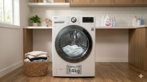 Máy giặt LG cửa ngang dung tích lớn 14kg đặt trong phòng giặt gia đình rộng rãi