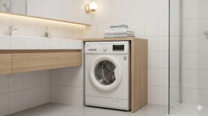 Máy giặt LG nhỏ gọn được lắp đặt gọn gàng trong nhà vệ sinh căn hộ nhỏ