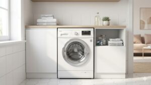 Máy giặt sấy LG hiện đại đặt trong phòng giặt căn hộ sạch sẽ