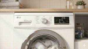 Máy giặt sấy LG đang chạy chế độ sấy quần áo trong căn hộ hiện đại