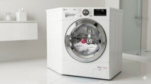 Máy giặt LG cửa ngang dòng FV màu trắng hiện đại với bảng điều khiển ThinQ