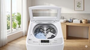 Máy giặt LG cửa trên dòng T2 màu trắng đặt trong phòng giặt sạch sẽ