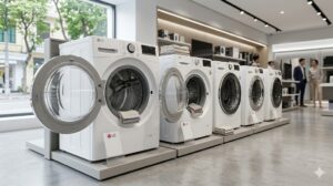 Hàng trưng bày máy giặt LG tại cửa hàng điện máy sạch sẽ nguyên tem