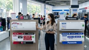 Người dùng so sánh và chọn giữa điều hoà LG và Panasonic tại cửa hàng