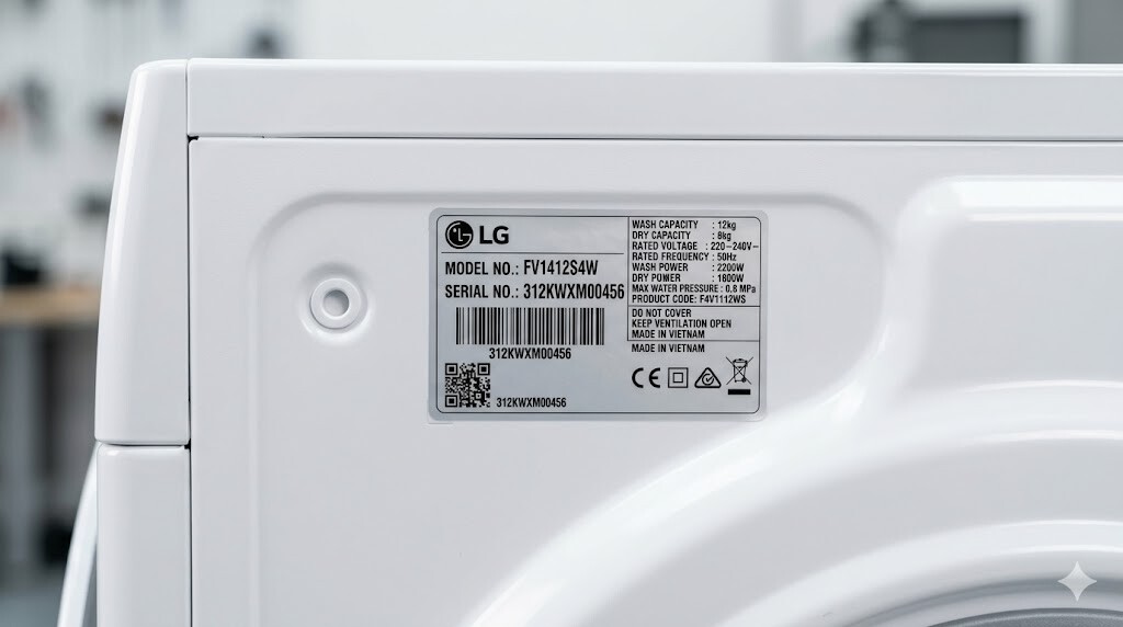 Vị trí tem nhãn model máy giặt LG ở mặt sau thân máy rõ nét