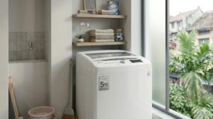 Máy giặt LG 5kg đặt gọn trong phòng trọ nhỏ tiết kiệm diện tích