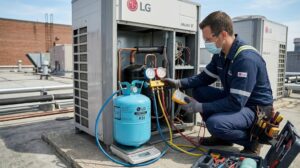 Thợ chuyên nghiệp nạp gas R32 cho điều hoà LG đúng kỹ thuật
