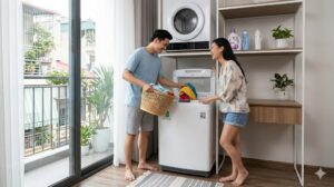 Cặp vợ chồng trẻ dùng máy giặt LG 6kg tại căn hộ chung cư nhỏ