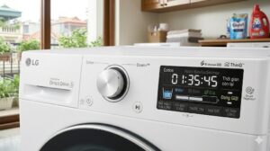Màn hình máy giặt LG hiển thị các thông tin vận hành như thời gian đếm ngược và trạng thái