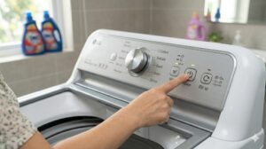 ay người dùng đang thao tác trên bảng điều khiển cảm ứng máy giặt LG ThinQ