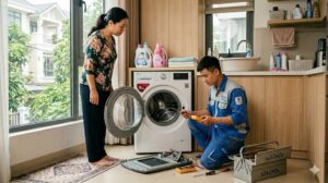 Máy giặt LG 9kg cửa ngang màu trắng đặt trong phòng giặt hiện đại của gia đình Việt