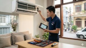 Kỹ thuật viên LG kiểm tra và sửa điều hoà tại nhà khách hàng ở Hải Phòng