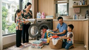 Gia đình Việt đang chất quần áo vào máy giặt LG 9kg cửa ngang trong phòng giặt nhà ở