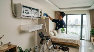 Kỹ thuật viên vệ sinh điều hoà LG Dual Inverter tại nhà khách hàng