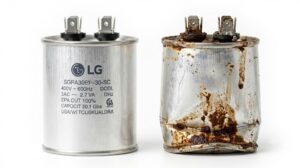 Tụ điện điều hoà LG mới và tụ cũ phồng hỏng đặt cạnh nhau