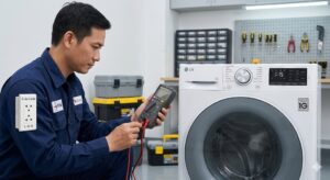 Thợ điện đang kiểm tra ổ cắm 3 chân bằng đồng hồ đo vạn năng (multimeter)