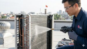 Kỹ thuật viên vệ sinh dàn nóng LG bằng máy xịt nước áp lực