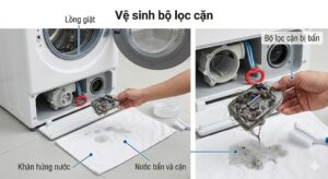 Tay người đang làm sạch bộ lọc cặn máy giặt LG cửa trước