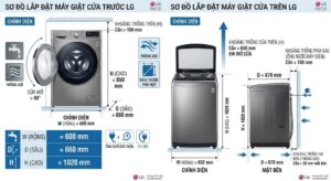 Sơ đồ kích thước 3 chiều máy giặt LG cửa trước và cửa trên