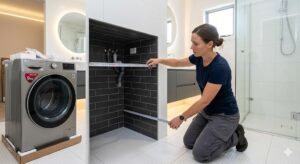 Người đang đo khoảng trống hốc tường phòng tắm bằng thước dây trước khi đặt máy giặt LG