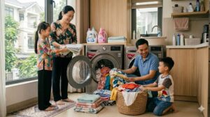 Máy giặt LG 10kg cửa ngang và cửa trên với logo LG trong phòng giặt gia đình Việt Nam