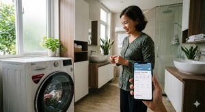 Người phụ nữ trung niên Việt Nam nhìn vào máy giặt LG đang chạy trong phòng tắm hiện đại