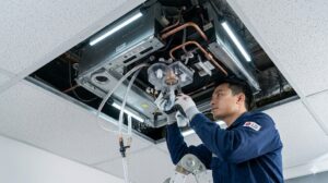 Kỹ thuật viên vệ sinh bơm nước ngưng điều hoà âm trần LG