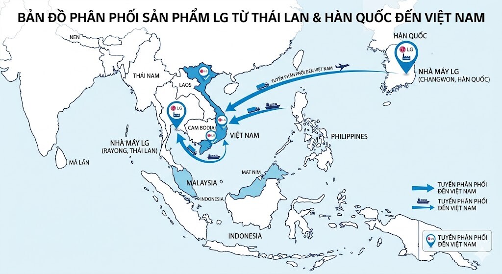 Bản đồ Đông Nam Á với các pin định vị đánh dấu nhà máy LG tại Thái Lan (Rayong) và Hàn Quốc (Changwon),