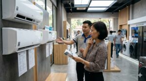 Người mua so sánh điều hoà tại cửa hàng điện máy Việt Nam