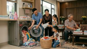 Máy giặt LG 12kg logo LG nổi bật trong phòng giặt gia đình Việt Nam