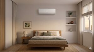 Điều hoà LG DualCool trắng trên tường phòng ngủ hiện đại