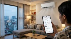 Điện thoại Android hiển thị app LG ThinQ điều khiển điều hoà