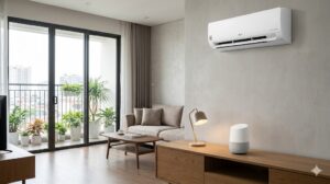 Loa Google Home và điện thoại bên cạnh điều hoà LGLoa Google Home và điện thoại bên cạnh điều hoà LG