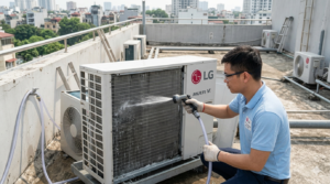 Vệ sinh dàn nóng điều hoà LG để khắc phục lỗi CH05 nháy đèn 5 lần