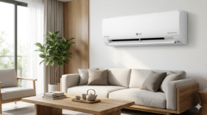 Điều hoà LG Dual Inverter DualCool lắp trên tường phòng khách hiện đại
